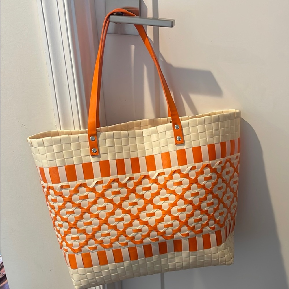 Orange and Cream Woven Tote Bag